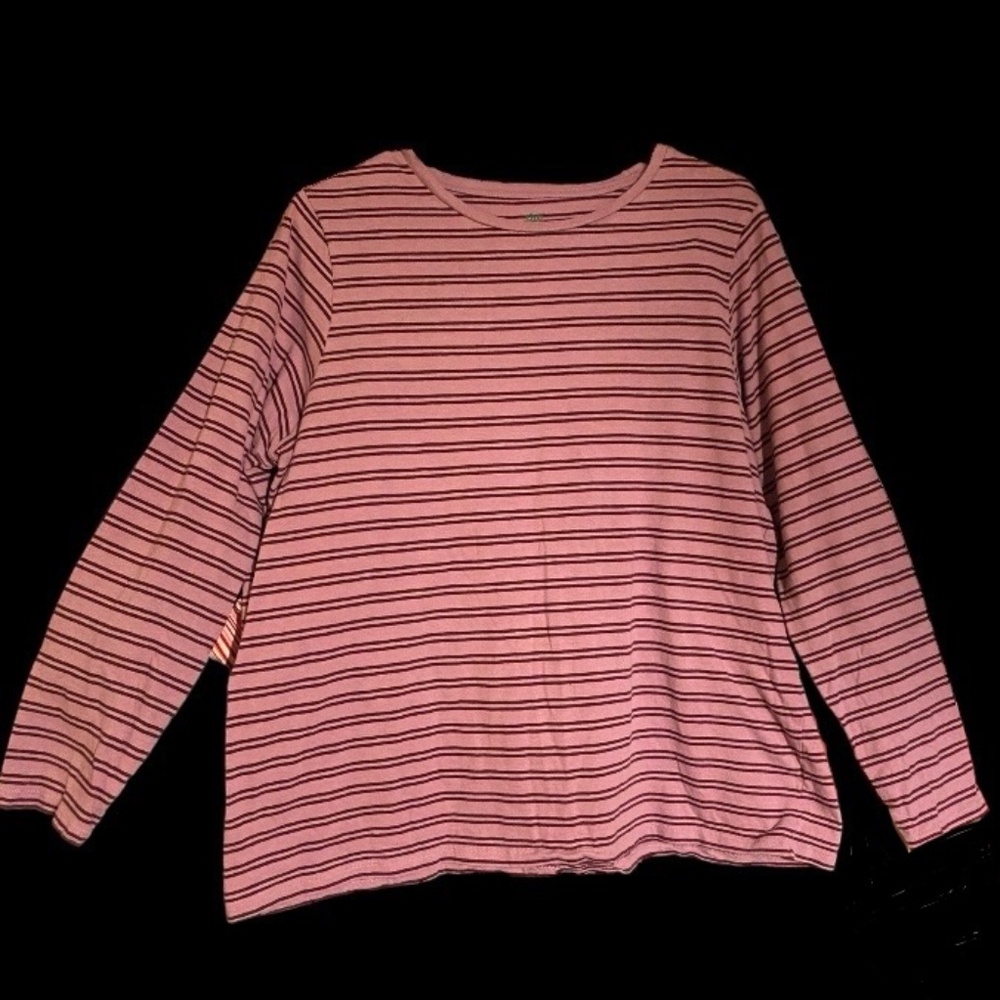 Womens Dip T-Shirt Red Pink Striped Long Sleeve Scoop Neck Pullover Cotton 1X